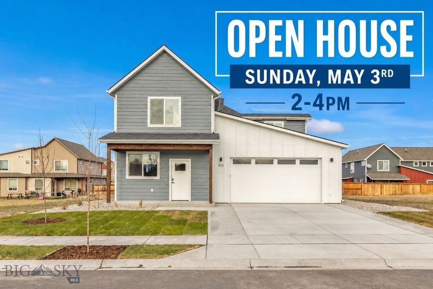 Best-value new construction opportunity in Bozeman, this thoughtfully designed home in the new Woodbury Grove subdivision is located just off Gooch Hill Rd. The main level features an inviting open-concept layout that seamlessly connects the kitchen, dining, and living areas. A cozy fireplace anchors the space, while sliding glass doors open to the backyard for effortless indoor-outdoor living. The kitchen impresses with stainless steel appliances, quartz countertops, dual seating areas for stools, a pantry, and generous workspace—perfect for both everyday living and entertaining.
Also on the main floor, the private owner’s suite offers a peaceful retreat, while a convenient mudroom and laundry area off the attached two-car garage enhances daily functionality. Upstairs, you’ll find a second en-suite bedroom, two additional spacious bedrooms, a full bathroom, and a versatile bonus/flex space ideal for an office, playroom, or media room.
Step outside to enjoy backyard BBQs on the covered patio overlooking the large, landscaped yard, complete with an underground sprinkler system. Additional highlights include central A/C for year-round comfort. This home also offers a virtual tour—schedule your showing and see the value for yourself.