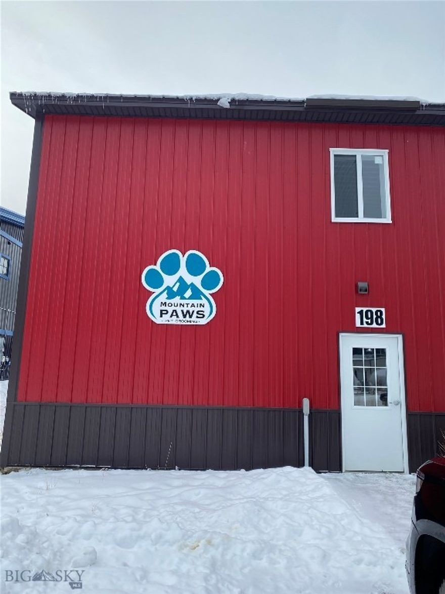Perfect warehouse space in Big Sky for business or personal use.
1)  1920 ft.²
2) Two 14 ft overhead garage doors on back side, 1 man door in front, 1 man door on south side
3) 500 square foot office/workspace, hot and cold water, private bathroom
4) 2-year Lease in place for the office/workspace
5) storage space located above office/workspace
6) propane heat
7) space for a loft or second floor