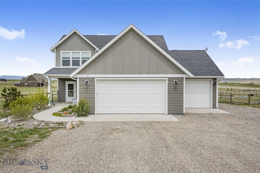 10 Amber Way offers the perfect blend of comfort, space, and Montana views on 3.007 acres just outside of Three Forks. Built in 2022 and very well maintained, this 2,043 square foot home features 4 bedrooms, 2.5 bathrooms, and a functional layout designed for both everyday living and entertaining.

As you enter the home, the main living area opens into a spacious living room, dining area, and kitchen with a gas fireplace. The kitchen and dining area flow easily to the covered back porch, complete with a propane hookup for your BBQ.

The main floor primary suite offers a comfortable retreat with a large ensuite bathroom and walk-in closet. Upstairs, you’ll find three additional bedrooms and a full bathroom, providing flexibility for guests, family, or office space.

Additional features include central A/C, forced air heat, whole-home humidifier, R/O water filtration system, Cat5 cable wiring, window treatments, and a 1,000-gallon buried propane tank. The fully insulated 3-car garage provides excellent storage and workspace options.

Outside, the smaller fenced patio area is fenced separately from the perimeter fencing of the property. Within the perimeter fencing, you'll find planter troughs and a chicken coop. Located about a half mile from Wheatland Road, this property offers privacy, room to spread out, and beautiful views while still being conveniently accessible.

An added benefit to this property is the potential opportunity to assume the existing loan with an interest rate of 3.625%, subject to lender approval and buyer qualification. Assumption terms, eligibility requirements, and transfer conditions may apply. Buyers are encouraged to contact their agent for additional details and to verify all information independently.