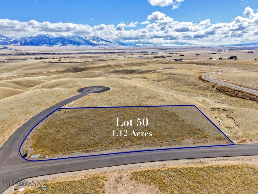 NEW subdivision in Ennis! Lot 50 is 1.12 +/- acres. There are 55 lots total between 1+/- to 2+/- acres. The entire subdivision is 165+/- acres so lots of open space to watch the wildlife! Paved roads throughout & power & fiber to each lot. Approximately 3 miles to downtown Ennis. Views in all directions! Wells between 200-350+/- feet & 12-30+/- GPM. Exact taxes TBD as lot has not yet been assessed as a separate parcel. The listing agent is a member of the selling entity. Buyer & buyer’s agent to do due diligence on property information & verify to their satisfaction.