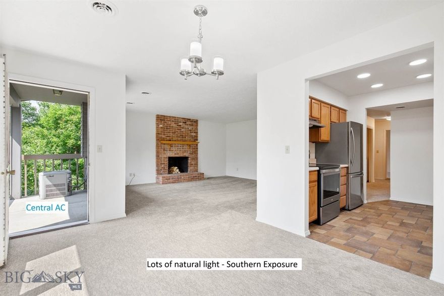 Just blocks to MSU and Albertson's grocery, this beautifully maintained upper-level 2-bedroom, 2-bath condo offers abundant natural light and desirable south-facing windows. This inviting home features gas forced-air heat and CENTRAL AIR CONDITIONING for year-round comfort. The well-appointed kitchen has tiled floors in a hopscotch patter and includes stainless steel appliances with counter-depth refrigerator, a new single-basin sink, tiled flooring, and a pantry for added storage. The spacious living room is anchored by a classic red brick wood-burning fireplace, creating a warm and welcoming focal point. The fireplace works and has been recently serviced. Located just off the dining area, deck access extends the living space outdoors. This south-facing condo deck enjoys views of mature trees and opens to HOA green space. Both bedrooms are generously sized and each offers two closets, while the primary suite features a private en-suite full bath. A second full bathroom serves the main living area and guest bedroom. A single-car garage adds convenience with a pull-down ladder that provides exceptional additional ATTIC storage. The garage is approximately 10ft x 20 ft. Recent UPDATES include new interior paint, door hardware, new white light switches and outlets - all in April 2026. The furnace was replaced in 2010 and water heater in 2018. This upper-level residence is located above Unit #1 and offers the benefit of NO shared walls. Southbrook Condos were built by Ken LeClair, and the HOA currently maintains a waiting list for rentals. One owner is a licensed realtor in Montana.
