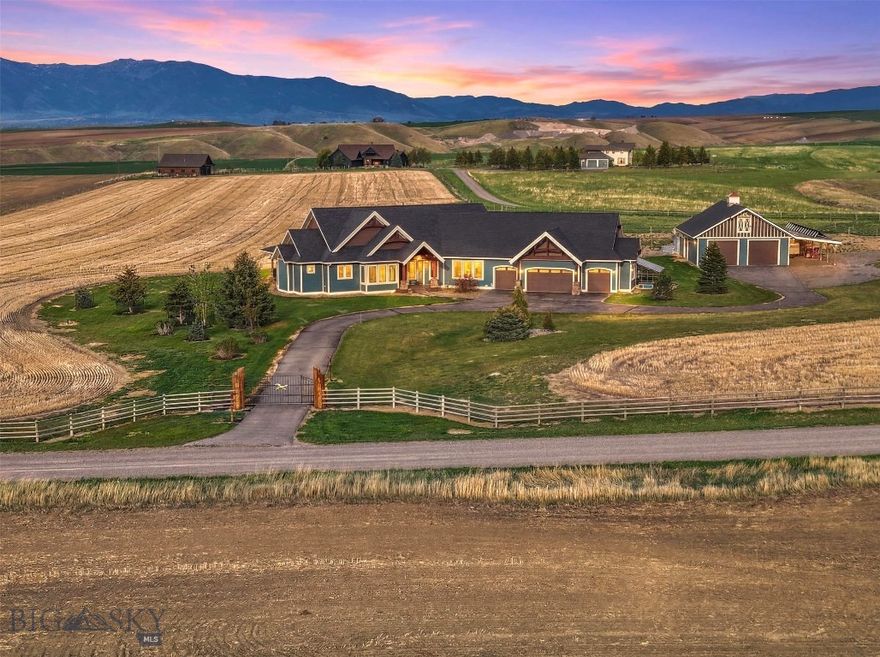 A masterpiece of sustainable design, this exceptional, gated estate redefines sophisticated Western living. Envisioned for the connoisseur of quiet opulence, the residence seamlessly integrates state-of-the-art geothermal and a comprehensive, seller owned, solar array, culminating in an astonishing operational cost of approximately $60 per annum.
Commanding the landscape from 20 private acres, the property offers uninterrupted 360-degree panoramas of the Bridger Mountains, Horseshoe Hills, Tobacco Root, and Gallatin Ranges. Every aspect of this sanctuary exudes refined elegance, blending rustic textures with modern functionality and premium finishes.
For the equestrian, a beautifully appointed 3-stall barn with auto waterers, wash facility, tack room, 60ft arena, and 3 fenced pastures with dry lots await. The discerning amateur astronomer will appreciate the private observatory with Meade 12in RCX goto telescope, location offering pristine, dark skies.
Inside, discover an open-concept, 4B|4B single-level layout featuring a chef's kitchen with double sinks, abundant storage with large walk-in pantry, Net-Zero fireplace, luxury primary suite with his and hers vanities, whole house in-floor radiant heat, AC, a dedicated theater room with stadium seating, a professional subterranean heated and cooled greenhouse and workshop. The expansive covered patio overlooks a backyard oasis with irrigated landscape beds and lawns, a garden, and a custom gas fire pit, capturing some of the most commanding mountain vistas in the region. Located near 2 world-class fly fishing rivers, Bozeman, Big Sky, and Yellowstone International Airport. Additional amenities include a security camera system, quad insulated windows with UV block, newer 50year roof, newly upgraded well pump system, Generac generator, and the ability to subdivide. NO HOA. MINIMAL Covenants. This is more than a home; it is an experience of unparalleled quality, privacy and bespoke tranquility."
________________________________________