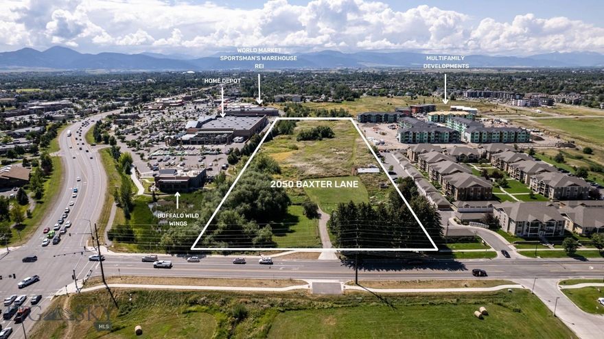 Fantastic development opportunity with multiple options available for zoning and use with annexation into the City of Bozeman. Adjacent to the N. 19th retail corridor and minor arterial on Baxter Lane, with rear access from Tschache, infrastructure supports development with visibility from N. 19th. Bordered by Home Depot, Buffalo Wild Wings, REI and Sportsman's Warehouse to the East and high-density multi-family development to the West, the parcel offers possibilities for high density residential, commercial frontage, and/or mixed use.  Zoning around the site includes M-1, B2 and R4-5. The parcel includes a water way and is adjacent to a linear trail. A wetland delineation report will be provided upon request. With 2023 AADT traffic count of 7661 vehicles/day and easy access off of I-90, consider restaurant, retail, hotel, mixed use or high-density multifamily development.