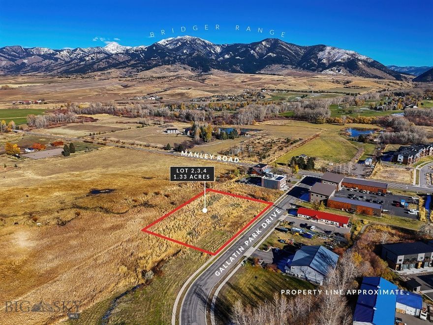 Lots #2, #3, and #4 are located in the Gallatin Park neighborhood just off Manley Road in North Bozeman. The three lots can be purchased together or separately. Situated on the north end of the development, these lots have unobstructed Bridger Views.  The development currently is home to a wide variety of buildings, including live/work condos, commercial warehouses and businesses of all kinds.  These lots are zoned M-1 for light manufacturing, offering a blank canvas for a variety of development possibilities to meet your needs.  The area has beautiful views, is positioned for growth, easily accessible, and provides the ideal foundation for your next commercial project.  Just across Manley Road is the Glen Lake Rotary Park with large lake and walking trails and MAP Brewing is just down the street.  Plans for a live/work condo building encompassing all three lots is available upon request. These lots are located within the City of Bozeman and are serviced by city water and sewer.