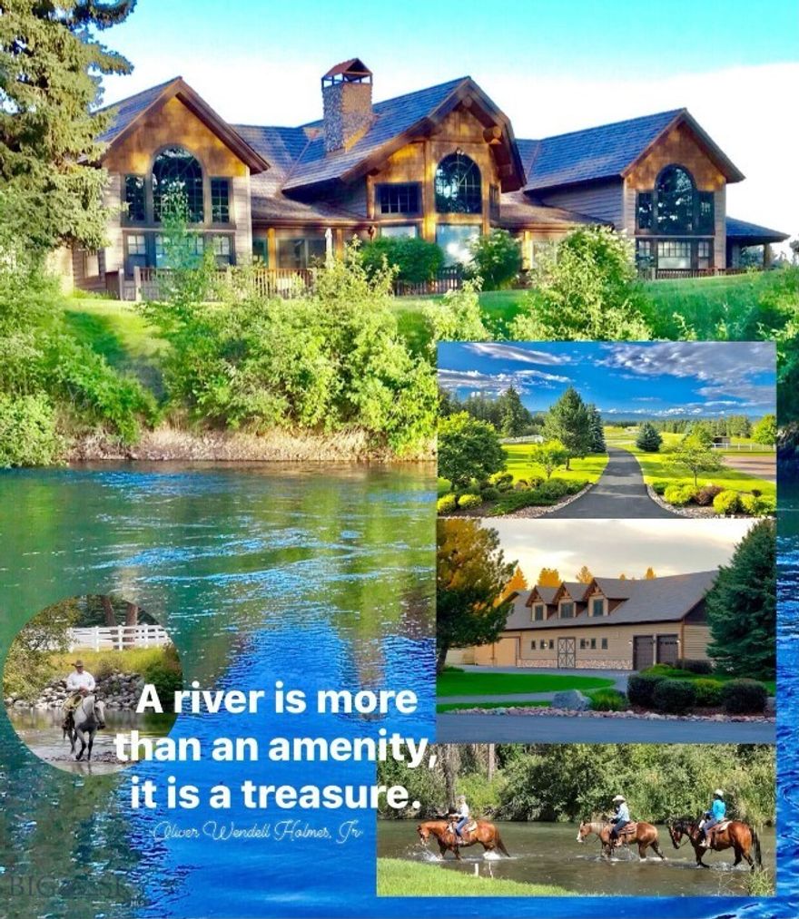 RIVERFRONT and EQUESTRIAN Estate: This exceptional LEGACY estate pairs luxurious living with top-tier horse facilities and 2000+/- feet of PRIVATE Whitefish River frontage. The impeccably maintained estate features a main home with gourmet kitchen, multiple bedrooms, spacious living areas and separate guest quarters ideal for extended family or staff.  The property caters to discerning horsemen: Indoor & outdoor arenas, 2 barns w/ stalls, corrals w/shelters support year-round use. Ample hay and equipment storage and extensive parking. Add'l features include dog kennels, secure fencing, and generous water rights. Manicured grounds highlight the estate’s attention to detail.  A balance of luxury living, privacy and yet central to every convenience in the Flathead Valley.  Pristine, easily accessible river frontage, unobstructed views, tranquility; luxury living and a strong connection to nature very few properties offer.