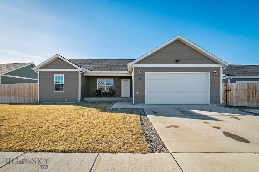 Welcome to your dream home in the charming Meadowlark Ranch Subdivision of Belgrade, Montana. This modern ranch-style gem, built in 2020, is truly move-in ready and waiting for you to start making memories. Offering 1,438 square feet of thoughtfully designed living space, this home features 3 spacious bedrooms, 2 full bathrooms, and an open-concept layout ideal for both everyday living and entertaining.

The inviting living area flows seamlessly into the kitchen and dining spaces, creating a warm, comfortable atmosphere—perfect for gatherings or quiet evenings while taking in beautiful Bridger Mountain views. The bright, well-appointed kitchen includes stainless steel appliances and a convenient pantry.

The home offers a comfortable blend of cozy carpet and durable LVP flooring, providing both style and functionality throughout. The primary suite is a relaxing retreat, complete with a dual vanity, separate commode and shower, and a generous walk-in closet. Two additional bedrooms offer flexible space for family, guests, or a home office.

Step outside and enjoy Montana living at its best. The landscaped yard features underground sprinklers, an extended concrete back patio with gazebo—ideal for morning coffee or summer barbecues—and a storage shed that stays with the property. Residents of Meadowlark Ranch enjoy walking trails woven throughout the neighborhood, perfect for daily strolls, dog walks, and enjoying the outdoors close to home.

Additional highlights include central air conditioning, ceiling fans, and a 2-car insulated garage. Belgrade is a thriving, family-friendly community and one of Montana’s fastest-growing towns. Located just 10–15 minutes from Bozeman, residents enjoy easy access to Montana State University, shopping, dining and outdoor recreation—all while maintaining a welcoming small-town feel.

This well-maintained home is truly move-in ready. Schedule your showing today and come fall in love.