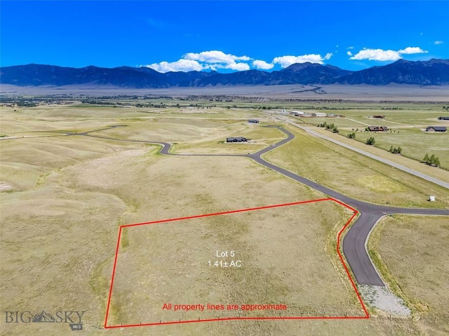 NEW subdivision in Ennis! Lot 5 is 1.41 +/- acres. There are 55 lots total between 1+/- to 2+/- acres. The entire subdivision is 165+/- acres so lots of open space to watch the wildlife! Paved roads throughout & power & fiber to each lot. Approximately 3 miles to downtown Ennis. Views in all directions! Wells are 200-350+/- feet & 12-30+/- GPM. Some photos are of the general subdivision. The licensed MT listing agent has an ownership interest in the property & can only represent the Seller.  This property has covenants, annual HOA dues & bylaws.
