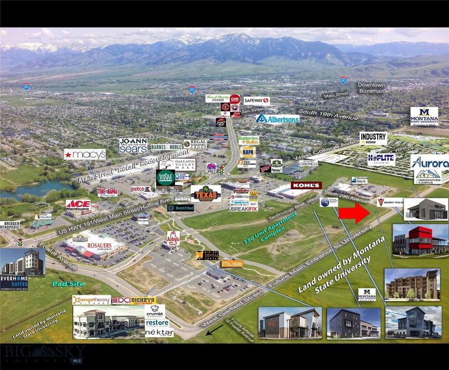 This expansive 3-acre parcel is situated just south of Main Street, boasting frontage on Garfield Street and positioned south of Kohl’s with a shared parking lot alongside AED's building within The Bozeman Gateway Development. The area is undergoing rapid growth and is surrounded by numerous retail businesses, a prominent grocery anchor, a new hotel, and is adjacent to MSU's Innovation Campus Development.

The parcel offers flexible zoning within a Planned Unit Development (PUD), allowing for expanded uses beyond the typical B2 zoning, including office and residential possibilities. All city services are accessible, and off-site improvements are open for negotiation.

This location is ideal for various purposes such as medical facilities, hotels, restaurants, retail outlets, office spaces, fitness centers, and technology businesses. A previous concept design envisioned a 5-story building with two floors of commercial space (17,000 square foot footprint) and three floors of residential condos/apartments above, complete with a rooftop deck and an adjacent three-level parking structure.

Moreover, this property is situated within an Opportunity Zone, offering potential tax advantages. The ground lease rate will vary based on the intended use. Photos showcase other available ground lease and build-to-suit pad sites and parcels highlighted in green shading.

Discover the limitless possibilities offered by this strategic and dynamic location in the heart of Bozeman's thriving development landscape.