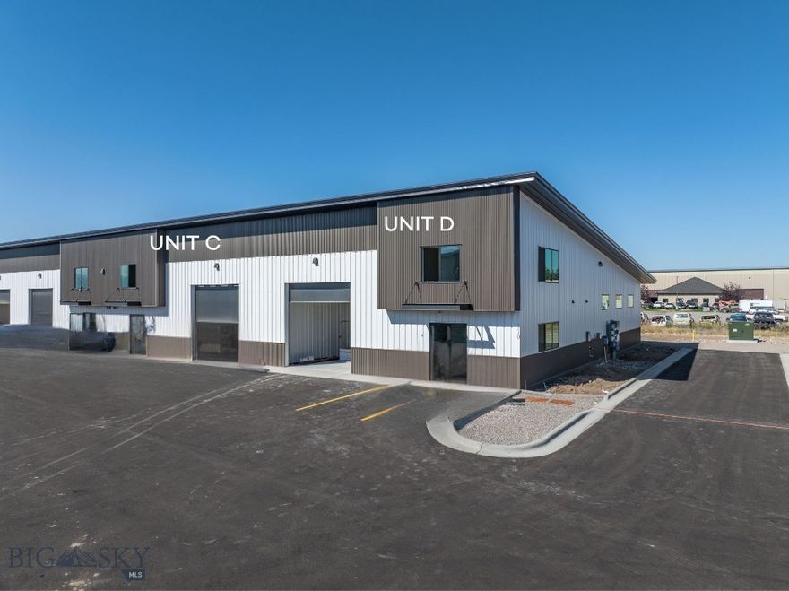 Now available in Belgrade’s sought-after West Post development, this brand-new 6,500 SF warehouse delivers exceptional versatility, quality construction, and prime accessibility for a wide range of commercial or light industrial uses. The space includes a carpeted mezzanine office area ideal for day-today operations, 3-phase power, and a bathroom for staff convenience. The building features multiple overhead doors—a 14’ front-facing door for
customer or equipment access and a 10’ rear door for efficient loading and logistics—along with 50 feet of dedicated yard space for outdoor storage, parking, or maneuvering equipment. With quick access to I-90 and Jackrabbit Lane, this modern warehouse offers the perfect balance of accessibility, adaptability, and premium construction in one of Belgrade’s most desirable commercial locations.