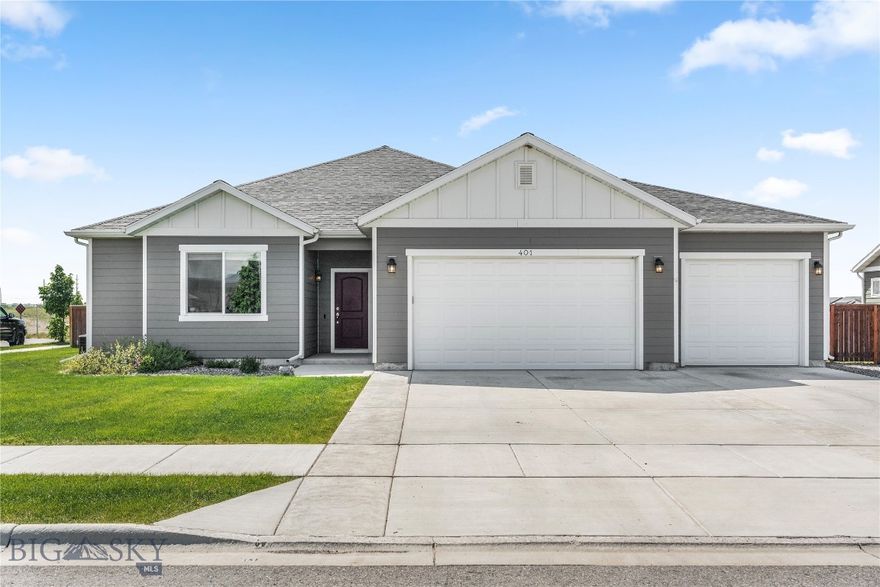 Welcome to 401 13th Street in Belgrade's desirable Story Creek Subdivision! This beautifully maintained single-level home offers 3 bedrooms, 2 bathrooms, and 1,912± square feet of thoughtfully designed living space. The open-concept floor plan features a spacious kitchen with granite and quartz surfaces, upgraded cabinetry, tile backsplash, ample storage, and a large island perfect for gathering and entertaining.
The inviting primary suite offers a spacious walk-in closet, dual vanities, and a private retreat to unwind at the end of the day. Two additional bedrooms with walk-in closets provide flexibility for guests, family, or a home office.
Step outside to enjoy a fully fenced backyard designed for Montana living, complete with an expanded concrete patio, pergola with integrated lighting, hot tub hookups, underground sprinklers, and a storage shed. The oversized 3-car garage offers abundant space for vehicles, toys, and equipment, while additional upgrades include a water softening system and custom garage shelving.
Situated on a generous lot near parks, schools, trails, shopping, and all that Belgrade has to offer, this home combines comfort, functionality, and outdoor enjoyment in one exceptional package.
