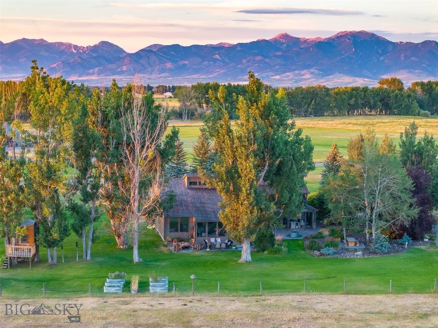 One of Bozeman's most private south side locations. This private oasis offers 21+/- acres with views to the south and backing to conservation easement property along Middle Creek. This stunning 3640+/- sq ft 4 bedroom, 4 bath home is completely setup for horses with barn, shop and additional outbuildings. The pasture features a small year round creek and is fenced and cross fenced.  The mature landscape is positioned to create a natural buffer and opens the view to Hyalite and Spanish Peak mountains. This property has been family owned and is being offered for the first time in almost 50 years. The property offers no zoning and no covenants. The home has been beautifully transformed and offers a chef's kitchen with a 60" commercial range and 40" commercial True refrigerator.  One bedroom on the main, and three additional bedrooms (including Master) upstairs. The attached 4 car garage is heated and finished and offers 1050+/- sq ft. This home with acreage needs to be seen to be appreciated.  The private backyard space is great for entertaining and enjoying with family.