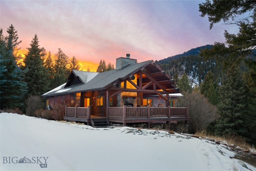 Experience the best of Montana living with this fully furnished mountain retreat located on 10 private acres in Gallatin Canyon. Just minutes from Big Sky and steps from the world-famous Gallatin River—a renowned blue ribbon trout fishery and world-class fly-fishing destination—this property offers unmatched access to outdoor recreation, fishing, hiking, and wildlife. It directly borders Gallatin National Forest, unlocking millions of acres of public land that stretch all the way to Yellowstone National Park. The custom-built home blends rustic charm with modern comforts. The main level features an open-concept living area with vaulted ceilings, fireplace, custom metal artwork, and floor-to-ceiling windows that capture expansive mountain views. A spacious, covered outdoor patio extends the living space and includes a wood-burning fireplace—perfect for year-round gatherings and enjoying the fresh mountain air. The primary suite is also located on the main floor, offering convenience and privacy. The walk-out lower level includes two additional bedrooms, a large recreation room with wet bar, and access to a stone patio and flat lawn—ideal for outdoor entertaining. Additional features include a heated detached garage with a workshop and an unfinished upper level offering potential for future expansion. The beautifully landscaped grounds include a horseshoe pit and a teepee, adding unique character to the outdoor space. Whether you're seeking a full-time residence or vacation getaway, this rare offering combines privacy, scenery, and proximity to Big Sky’s amenities. Zoned for flexibility and potential additional structures, it’s a true legacy property.