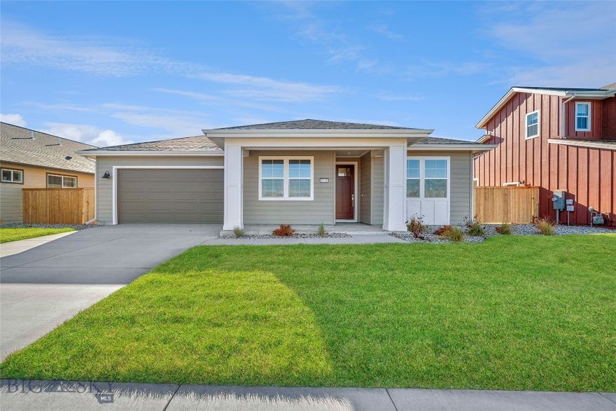 MOVE-IN Ready Prescott Ranch Home on beautiful lot across from the park with beautiful views of the Bridgers from the front porch. This single level, 3 Bed, 2 Bath home is expansive with an open kitchen, living room, and dining area. The primary suite includes ensuite bath & walk-in closet, dual vanities, glass enclosed walk-in shower. This home features beautiful finishes and thoughtful touches like laminate flooring and partial carpet. The home comes with a 1-year builder warranty, A/C, fully landscaped lot, sprinkler system, and perimeter fencing. Prescott Ranch provides community parks and Bridger Mountain views from the neighborhood with convenient access to Bozeman, Belgrade, and Big Sky. Sales Office is open everyday from 10am-5pm.