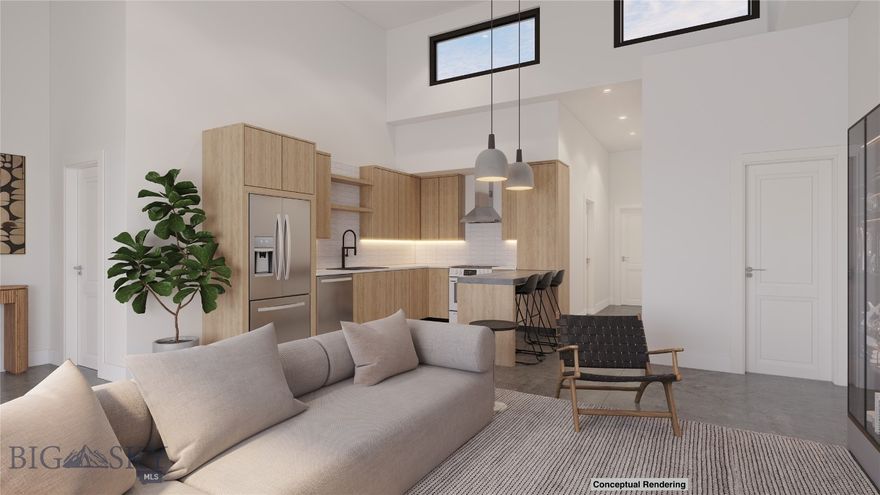 Come see these modern live/work condo units just 4 minutes from the 19th Street interstate interchange and about 12 minutes to downtown Bozeman, Belgrade, or Four Corners. Zoned M1, these versatile units allow you to live and work in the same space or rent the residential and shop areas separately.
The shop offers 1,036 sq ft with 15-foot walls, a 12-foot-tall overhead garage door, and a half bathroom. Upstairs, the 1,120 sq ft living space features 14–15 foot ceilings, concrete floors, and large double sliding doors that bring in abundant natural light. The open-concept kitchen and living area includes quartz countertops and stainless steel appliances, along with a pantry, laundry area, full bathroom, and two bedrooms. Step out onto the upstairs patio to enjoy a morning coffee or evening glass of wine while taking in the views.