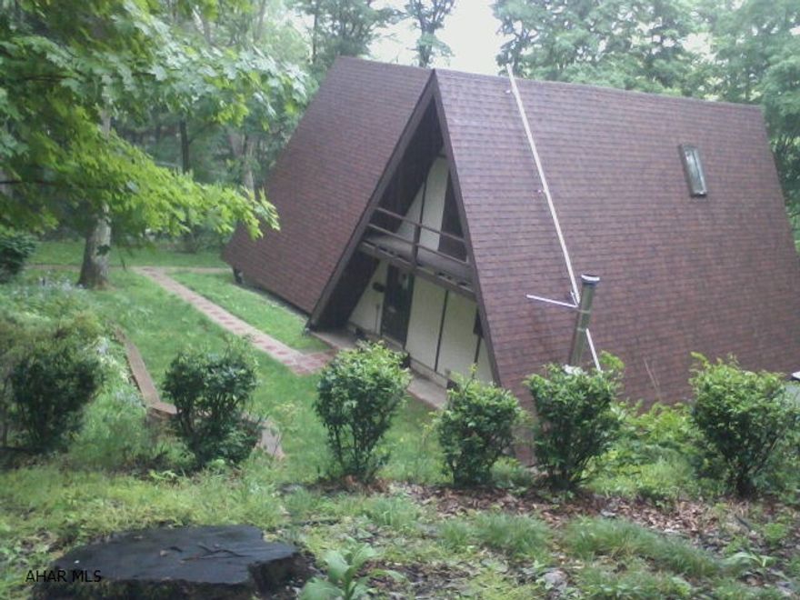 Unique Double-A-Frame home with 2 bedrooms, 2 car garage, new roof on approximately 1 acre wooded land. You can walk to Penn State but live in the woods.