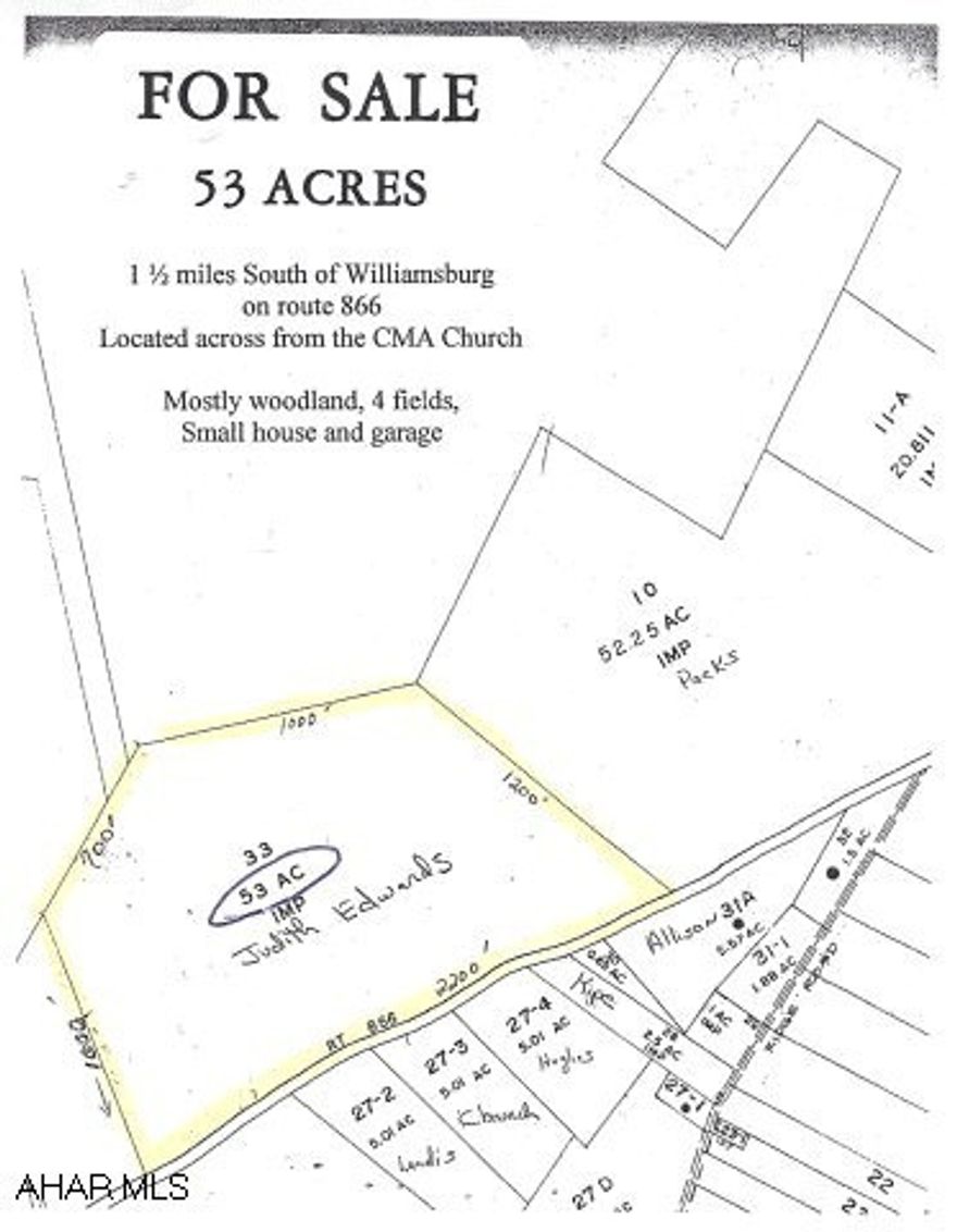 53 acres.  Four fenced in pastures/fields.  Some woods, beautiful location.  Great for horses, livestock, and farming.  House is not habitable.  Sewer scheduled to run to property in 2011. 2200 feet of road frontage on Route 866 (Piney Creek Road)