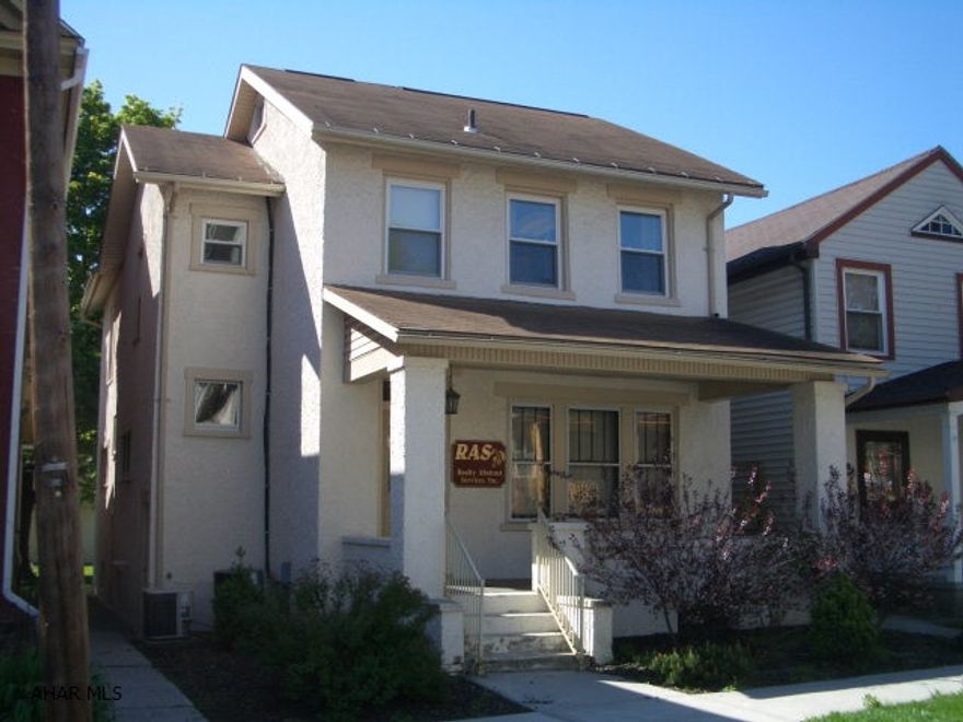 Commercial Rental in the historic district directly behind the Blair County Courthouse.  This property features 6 offstreet parking spaces including 3 covered spaces.  Large conference room on the bottom floor, small kitchen and reception area with an additional office.  Second floor features 5 offices and a bathroom.  Central Air.  Agent owned.  $1100 per month triple net.