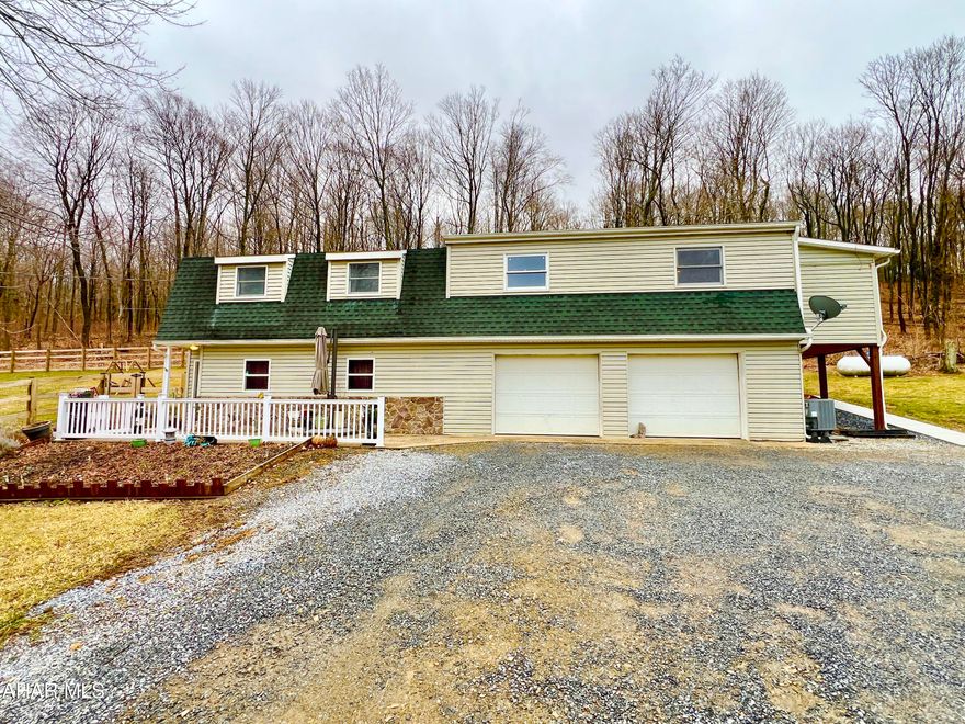 Well-maintained home in the country resting on 7+/- Acres bordering PA State Game Lands. The main living area offers a living room, dining room, kitchen, office space, 3 bedrooms, and 2 baths. The partially finished basement offers a family room, half bath, laundry room, and integral garage. Outside you will find a covered rear deck, large fenced yard, fruit trees, playhouse, shooting range, run-in shed, carport, and two sheds. The setting of this property provides an excellent place to get away from the hustle and bustle of life and enjoy the great outdoors.