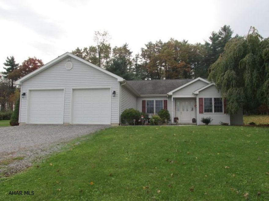 Well maintained 1 story ranch in a desirable neighborhood. 3 Bedroom, 2 1/2 baths, built in 2002 sitting on 2.53 acres. Home offers oak trim throughout, new carpet on first floor, lots of closets, central vac, walk-in closet and full bath off master, large finished basement with half bath and office space room, also a large unfinished section of basement could be a pool room, media room or whatever you desire. Large storage shed.