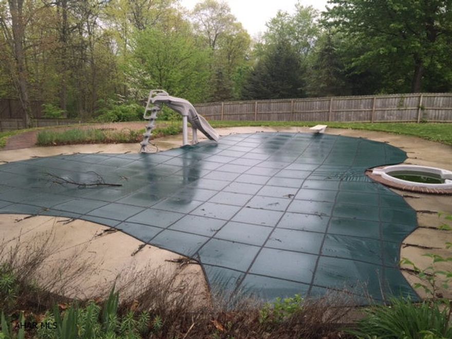 Unique opportunity to build your dream home immediately.  Property includes full foundation, paved driveway, well, public sewer, and electric to property.  Expansive outdoor area includes 42x24 L shaped heated pool with sliding board and hot tub.  Many possibilities, call for more details.