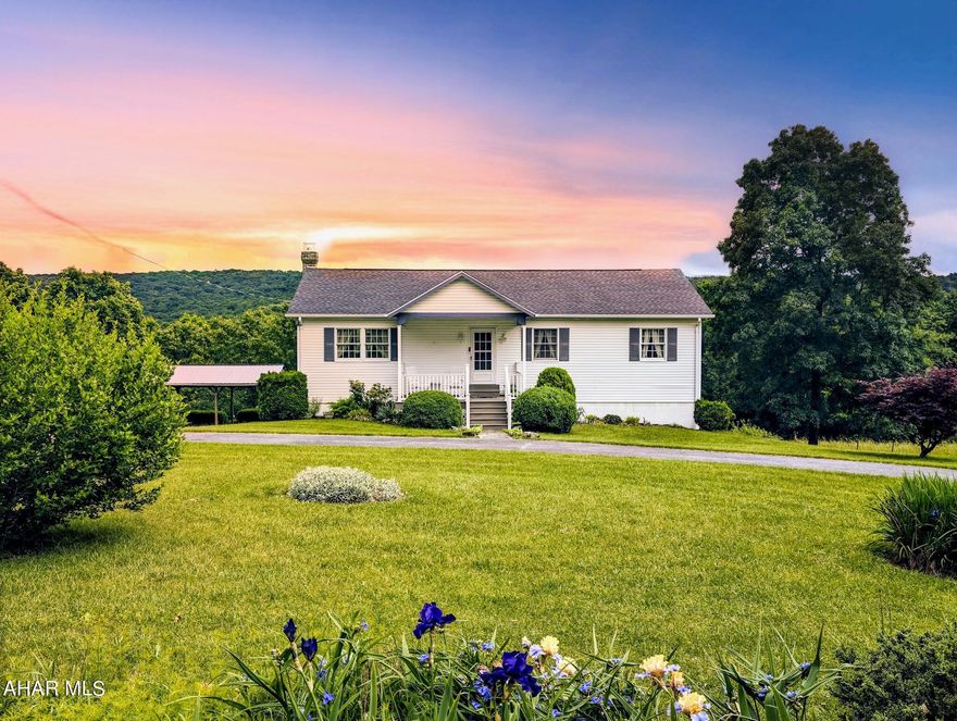 This home truly has it all. 28.4 acres of  privacy, woods, fields, stream, area for horses or other farm animals, nice yard with lovely landscaping around the house. Picture Perfect Ranch home that includes most of the contents inside. This seller has amazing taste and has decorated the house with lovely items. From the moment you step in the front door you are impressed. Main level has living room, dining area, kitchen , 2 nice size bedrooms and a full bath with jacuzzi tub and stall shower. Head to lower level to a completely finished lower living level with Family room with wood stove , dining area, 2nd kitchen , Full bath , 3rd Bedroom and another room that could be a bonus room or 4th bedroom.
Walk out to cement patio in rear,  2 car parking under carport and Large Detached garage has a place for all your equipment. Tool shed , 3 other buildings meant for animals, seller used for horses at one time. Heat is Propane forced air with woodstove in lower level , also has central air. Do not forget to read the letter on kitchen counter written by the seller. Call to make your appointment!