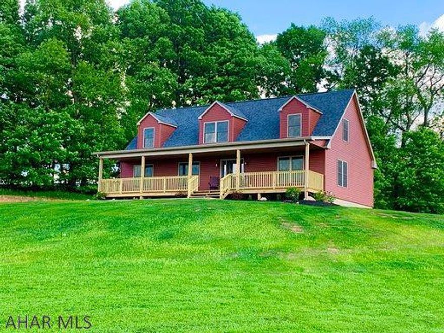 Imagine yourself relaxing on the large 50' covered front porch of this brand-new spacious Cape Cod home enjoying the breath-taking mountain views! With 3 BRS & 2 baths, the home features a large private master suite including an oversized walk-in closet and laundry room complete with a new washer & dryer on the 2nd floor. The house also boasts Geothermal heating & cooling, Superior Walls with 10' high ceilings in the basement, a gorgeous & spacious kitchen complete with new black stainless steel appliances, & a large walk-in pantry. A 15-minute drive to Raystown Lake, a 30-minute drive to Penn State University, as well as an easy commute to Altoona, Hollidaysburg, State College, & Huntingdon. Sitting on over 3 acres, the property also features a spacious parking area perfect for your boat