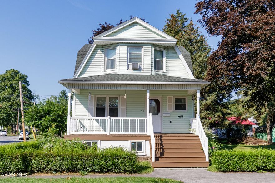 Large Corner lot with detached 1 car garage, deck and front porch, 3 bedrooms, 1 full bath, high ceiling basement, fireplace in Living Room, Dining Room, eat in kitchen, great neighborhood, convenient location.