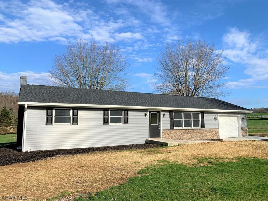 This ranch home has been remodeled from top to bottom!!! Easy and convenient one floor living, flat yard, and meandering stream. New roof; soffit, fascia & gutters; "Anderson" windows; and vinyl siding with stone accent. Interior offers a light and airy living room; kitchen w/ breakfast bar and stainless steel appliances, large solarium with relaxing country views, three bedrooms and two baths (one is a master). Full unfinished basement with interior/exterior entry, one-car attached garage, blacktop driveway and a spacious lot. Recessed lighting, heat pump with central air, 200-amp electric, new drilled well & private septic. Scenic location just minutes from Bedford.  HOME WARRANTY!!!