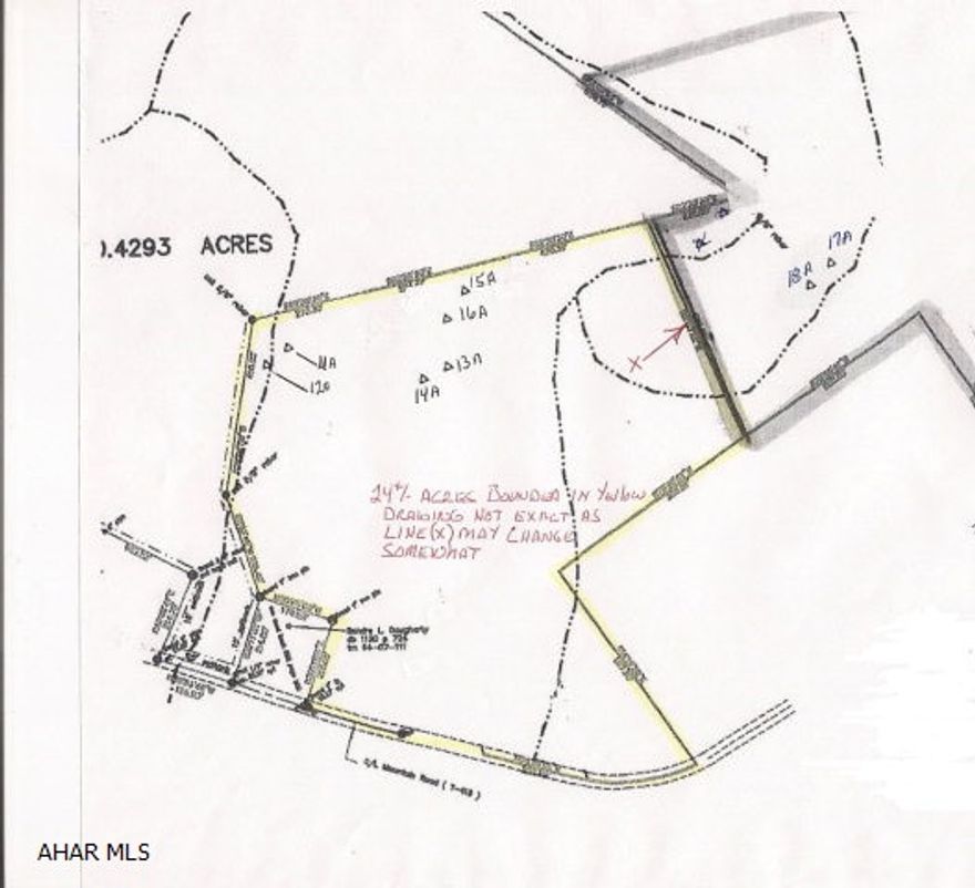 24.7 Wooded acres with perc test.  Extension of and access to utilities and driveway permits is the Buyer's responsibility. Property fronts on Mountain Road.  Sale of lot is contingent upon Subdivision approval.  Sign to be placed on property week of Feb23, 2015.  Call for details.
