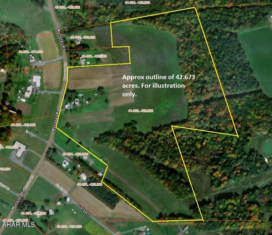 Extraordinary 42.6 acres, great investment property, fronts on Munster Road (PA 164) approximately 1.5 miles from the intersection with US 22.  See tax map and retracement boundary survey of the acreage.  The topography of the property is flat to sloping with mostly fields, which are all in hay, some wooded areas and there is a stream running across the back lower portion of the acreage.  A small apple orchard is located near the residence.  The gas and oil rights  are owned be seller. There was a previous Marcellus Shale lease, now expired.  No wells were drilled.  Five (5) natural gas transmission lines run across the property.  The land has been in the seller's family for 103 years.  Included in the sale is a three (3) BR 1.5 bath doublewide on a full foundation (title has been retired), a detached metal two car garage and an old two-story house used for storage which in non-habitable (there are no utilities or sewage connections). Deer and other wildlife are frequently seen on the property.  This is a must see property.