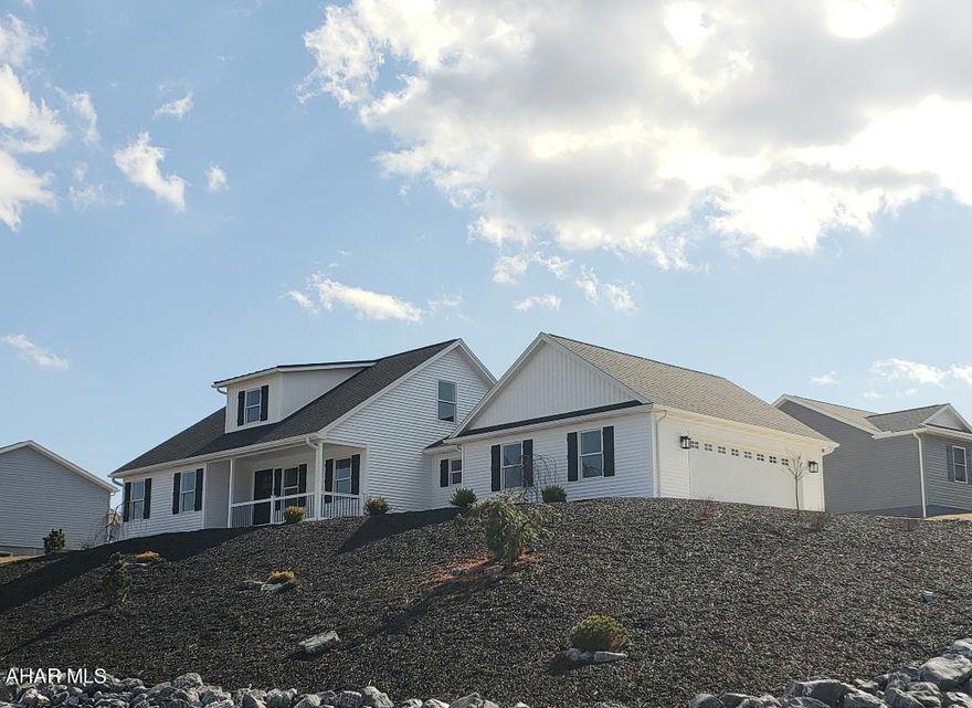 Beautiful new construction stick-built home by Dibert Electric & Custom Homes LLC. Open floor plan: Kitchen w/island, dining room + living room. Main level master bedroom ensuite, also laundry room + extra 1/2 bath + office on main level. 2nd level with 2 more bedrooms + bath. Full unfinished basement, spray foam insulated, high efficiency heat pump, zones heating, plumbed for another bath. Oversized 648 sq ft 2-car garage with overhead door + drywalled interior. Great view. Close access to I-99. J-615