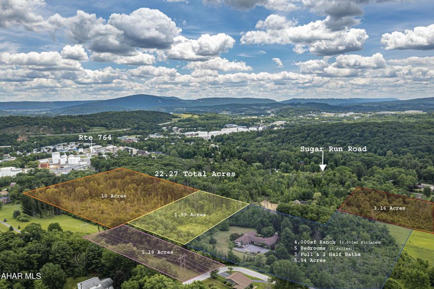 Reference Maroon Lot #5 in the pictures 
Part of a larger 22.27acre grouping of contiguous parcels including a large Ranch Home all of which are being listed in 5 separate listings and all are located in Hollidaysburg Area School District 
10 acre land 
1.99 acre land
1.18 acre land 
3.16 acre Land 
5.94 acre Ranch House 

Total possible acres 22.27