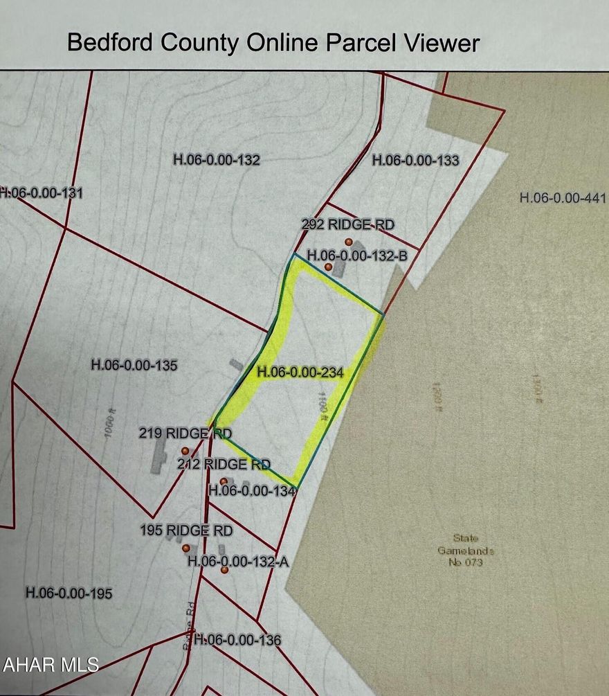 Nice Building Lot or Hunting Property. Land borders State Game Lands.  Well was drilled in 1988, 181 ft in depth. Owner is not sure of location. There is no driveway into the  property a highway occupancy permit would have to be obtained. This property is all wooded with some mature timber. There is plenty of whitetail deer sign as white oak acorns are found throughout the acreage. Road frontage is located on Ridge Road off Route 26, minutes to the Juniata River, Lake Raystown. Good hunting and fishing opportunities Juniata River!!
