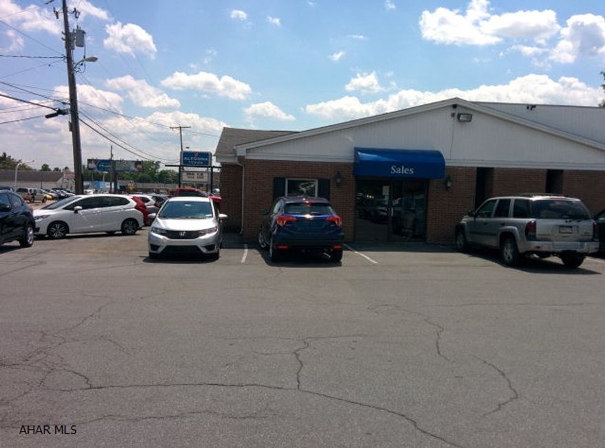 Altoona car dealership, 17,000sf bldg on 3.6 acres with 500' of frontage along 6th Ave/State Route 764. Great visibility with daily vehicle count of 14,000.  10 storage sheds included.  Building includes showroom, office space, service bay, customer waiting room, and 4x10' overhead doors. Property also for lease.