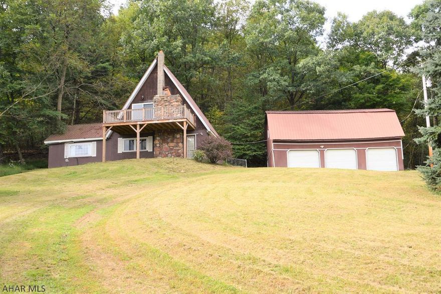 A-Frame style cabin with large detached garage. Property offers amazing views of the country side! With some work, this could make a great getaway or full time residence. Deeded R/W. No water source.