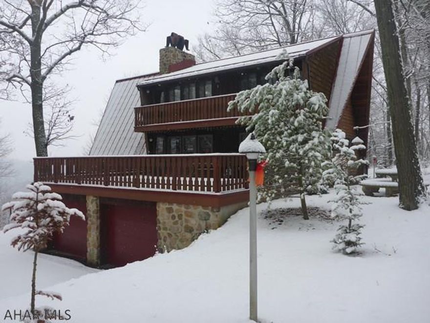 The meticulously maintained Town & Country Western Red Cedar chalet with a setting that will captivate. 14.78 Wooded acre lot w/panoramic views + 1 acre that includes ab active vineyard and small garden. The 2916 sq. ft. interior has 4 bedrooms, 3 1/2 baths, living room, dining room, kitchen w/granite counter tops and copper backsplash. The exterior of the home has six decks to take in absolutely stunning views of the Allegheny Mountainside while the above ground pool feels more like an infinite pool because it was designed around the slope of the property. A 28 x 36 post and beam 2 story storage barn, a small wood shed, a tree house, spa room w/hot tub and sauna.