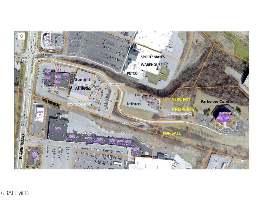 3.27 acres  in the center of Blair County's retail shopping and dining district.  Land is  suitable for development of any type with township approval.   Located in high traffic area just off the Plank Road/Parkview Drive intersection, this acreage  is perfect for  professional office,  restaurant, or multi-family residential such as townhouses, condominium, apartments.   No zoning permits.  The sky's the limit!   Nearby businesses include Walmart, Sam's Club, Target,  Sportsman's Warehouse,  Petco, Chick Fil A, Outback, and Cracker Barrel.  Nearby hotels are Hampton Inn,  Courtyard by Marriott,  and Holiday Inn Express.   This location truly is in Blair County's hot spot with a traffic count at the intersection of over 30,000 cars per day.