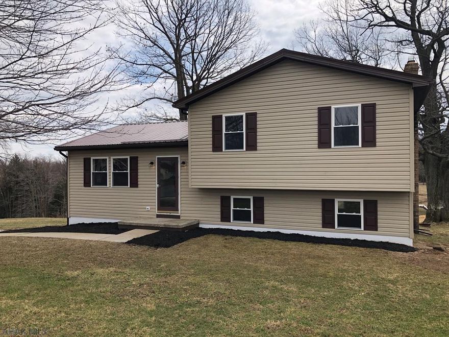 Here it is! Totally renovated 3 bedroom, 2 bath multilevel home in Loretto! Exterior is all new vinyl siding & new metal roof. The newly renovated interior has new laminate flooring in the main living room & is open to the dining area. Dining area has new, wood-look ceramic tile that blends into the brand new, white kitchen with all new granite counter tops, stainless appliances, & under cabinet lights. Upper level has 3 bedrooms with all new carpet, lighting fixtures, & fresh paint. There is a brand new full bath with ceramic tile floor. The lower level has a great family room area with new carpet & a pellet stove. There are 2 big closets and a walkout to the rear yard. Just a few steps down is a new 3/4 bath, laundry & storage/utility room. This home sits next to a deer farm and 2 ponds.