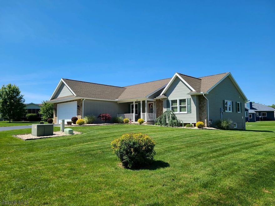 Mint condition. Vinyl sided Ranch home with many special features. Steel Entry door to  Walk into the Great Room with Cherry-stained cathedral ceilings, gas fireplace, the kitchen has Antique White cabinets with granite counter-tops and glass tile backsplash, recessed lighting throughout the home., Italian ceramic tile floor in Kitchen, Bathrooms and laundry room.  Bathrooms have cherry cabinetry. Appliances included; Stove, refrig, Dishwasher and garbage disposal. Insulated 2 car garage with new electric garage door opener..  The basement is a 12 course high full unfinished basement with 1746 sq ft., rough-in plumbing for bathroom and kitchen if you want to finish it. Steel beam, gas heat, central air, furnace humidifier, radon mitigation system. Roof 8 yr old. Trip.le pane windows