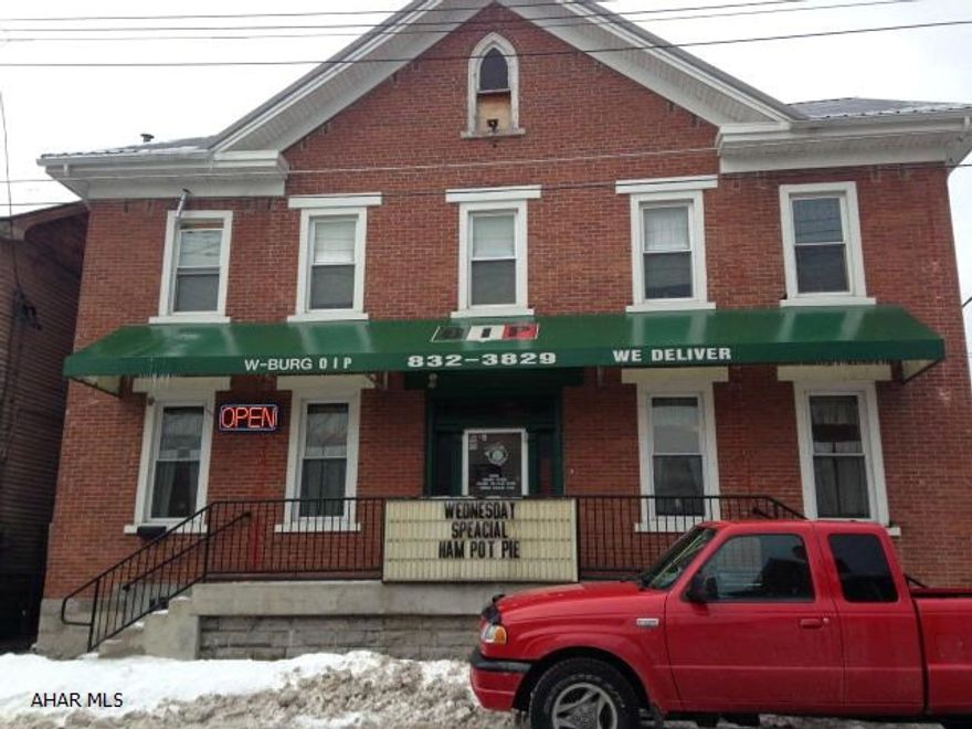 Great opportunity! Well maintained building and business for sale-OIP in Williamsburg Borough. 1st floor is the pizza shop and dining areas, 2nd floor currently houses a 2nd business (not for sale) so you could lease the 2nd floor out as office or business space or finish it out as an apartment. Maybe own the business and live above. Owner may be willing to sell Business and Equipment for $85,000 and lease the space.