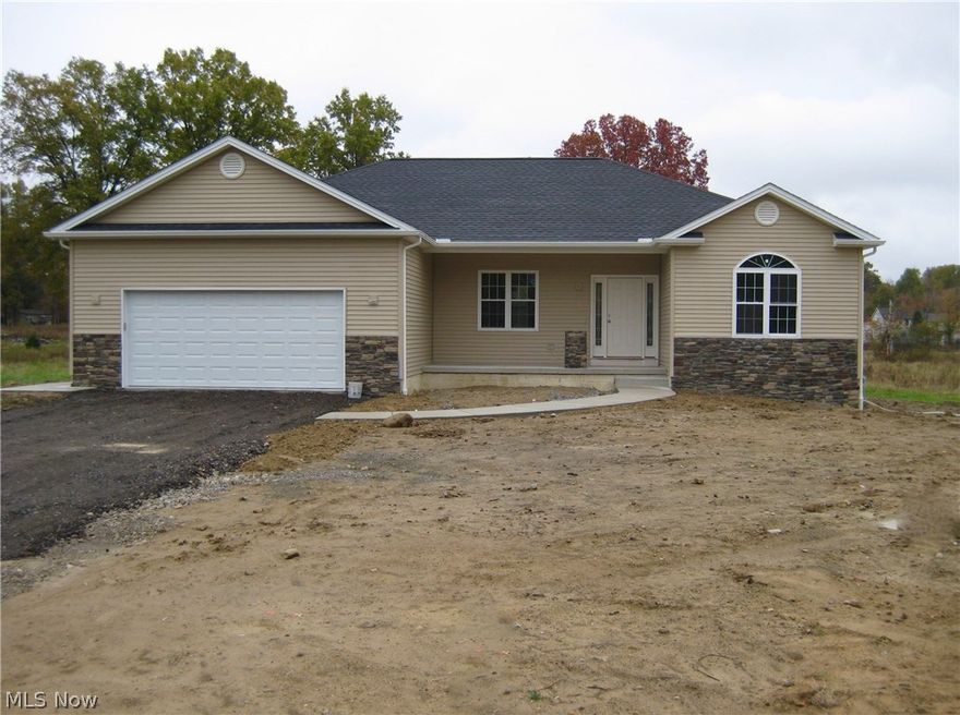 Welcome home to this New Construction 3 BR Ranch with Open floor plan featuring Great Room w/Gas stone FP & Vaulted Ceiling; Kitchen w/Granite Tops, Breakfast Bar & Dinette w/door access to rear of home; Dining Room w/12' ceiling and 2 Bedrooms w/9'Ceilings. The Master suite has Walk-in-closet, 10'Tray Ceiling & private bath with dual sinks, Tub, Walk-in Ceramic Shower & private water Closet. The Full basement w/block windows is plumbed for a full Bath. The oversized 24'x24' 2-car garage has Man-door, high ceiling, water, drain & electric. Home Selections include: Pergo® XP premium Laminate flooring, Energy Efficient vinyl tilt in windows, 50gal Water heater, Carrier high efficiency Furnace and Air Conditioner.