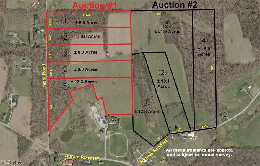 104 Acres of Productive Farmland, Building Sites, Wooded Land with Wildlife, High-Tensile Fence, 24 X 32 Pole Building, Laredo Camper, Spring-Fed Pond, Fantastic Views, East Twp., Carroll Co. - Auction #1: 45 Acres – Mark Rd. - Auction #2: 59 Acres – Midway Rd. NE - Both in Kensington, OH – Offered Separate & Together - Live Auction with Online Bidding Available. ABSOLUTE AUCTION, all sells to the highest bidder on location. ONLINE BIDDING BEGINS WEDNESDAY, MAY 15, 2024 – 10:00 AM and AUCTION LIVE ON-SITE BIDDING WILL BEGIN SATURDAY, MAY 18, 2024, 11:00 AM. Auction #1: 45 acres on Mark Rd. Open and wooded land with 24 X 32 pole building. Loads of road frontage. Good alfalfa hay seeding, abundance of wildlife, panoramic views. Divided as follows:
Parcel #1: 8 acres. 262’ frontage. Mostly wooded with spring. Parcel #2: 8 acres. 262’ frontage. Open and wooded land. Parcel #3: 8 acres. 262’ frontage. 75% open land balance wooded with 24 X 32 metal pole building. Parcel #4: 8 acres. 262’ frontage. 80% open land balance wooded. Parcel #5: 13.3 acres. 821’ frontage. 65% open land balance wooded. TERMS ON REAL ESTATE: 10% down auction day, balance due at closing. A 10% buyer’s premium will be added to the highest bid to establish the purchase price. Any desired inspections must be made prior to bidding. All information contained herein was derived from sources believed to be correct. Information is believed to be accurate but not guaranteed. Property to be offered as a Multi-par auction and sold whichever way it brings the most. Note: Auction #1 and #2 will not be offered together. Walk the land at your convenience. You’ll like these parcels. Gas and oil rights do not transfer. Walk land at your convenience. For Auction #2 see MLS #5034699.