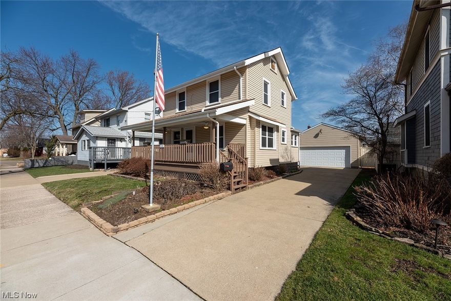 Welcome home to this spacious and extremely well kept colonial in a lovely residential neighborhood surrounded by well cared for homes.  Pride of ownership abounds here with updates throughout! Bright and sunny living room with natural woodwork opens to a spacious dining room.  Kitchen offers an eat in nook and tons of counters and cabinets. Upstairs you'll find 2 very large bedrooms with surprising closet space and a full bath.  Bonus covered deck off the second floor to enjoy overlooking your yard. Full basement with a finished room (perfect for an office or hobby space!) and plenty of storage.  If relaxing in the outdoors is your thing, you've got plenty of space to choose from- the charming front porch, the second floor covered deck or the back patio will all delight. 
And dont miss the newer built (2013) huge 2+ car garage and fully fenced back yard! Updates include replacement windows throughout, kitchen floor (2023), vinyl siding (2016), Furnace and Ac (2014) and fewest paint!