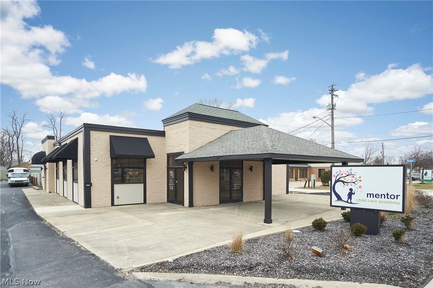 Situated at the Northwest corner of Mentor Avenue and Victoria Road in Mentor, Ohio, this single-story commercial building spans approximately 4,745 square feet. Mentor Avenue serves as a pivotal thoroughfare, connecting Mentor to nearby cities such as Willoughby, Painesville, and Kirtland. Originally a restaurant, the property was acquired by its current owners in 2022 and underwent a comprehensive transformation into a contemporary childcare center. The extensive renovations included a new roof, updated exterior facade, and modernized mechanical and electrical systems featuring tankless hot water. Additionally, enhancements like a camera system and security system were installed, alongside upgraded interior finishes! Nestled in the heart of Mentor, Ohio, it is conveniently located within proximity of local public elementary and middle schools. The current use of the building is a Child Care Facility with Occupancy for 81 Children. The owner has created a well-designed layout optimized for efficient workflow and providing a welcoming environment for parents entrusting their children. 4 Large Classrooms for All Age Groups! An outdoor Fenced-in Playground with Equipment! Greater than 20,000 Traffic counts per Day! Corner Lot! 26 Parking Spaces! Triple Net Lease. Property is also being offered for sale MLS ID: 5015997
