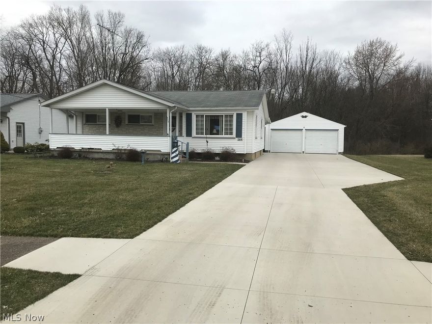 Nicely maintained 2 bedroom Ranch with bath on main level and one in basement, Eat-in kitchen, central air.  The full basement has poured floor, attached 2-car garage, great front porch and back patio, newer concrete drive.  Nice yard that backs into wooded area.  Call for an appointment to see.