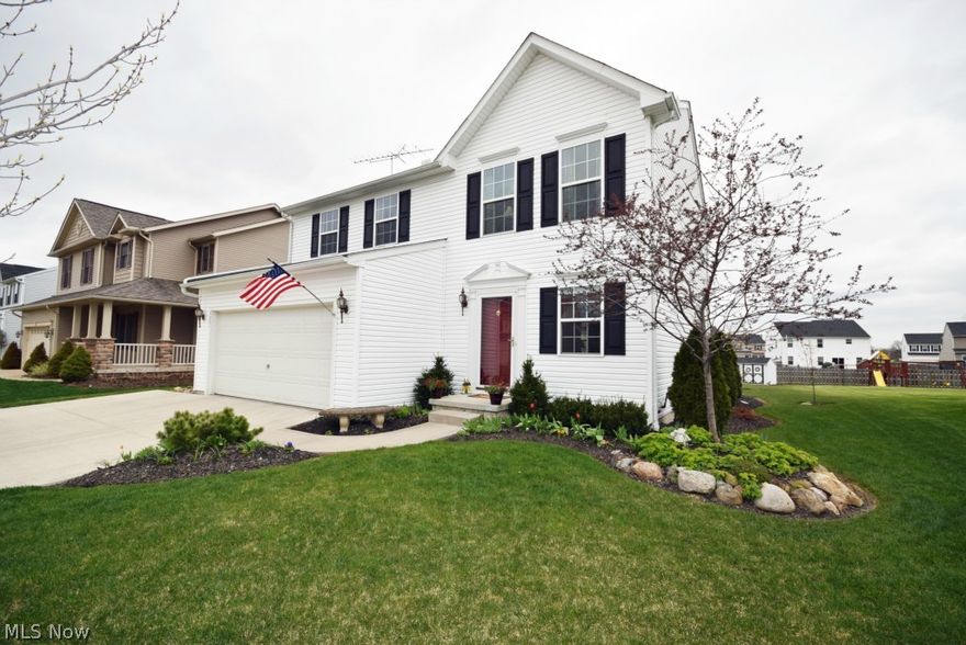 Built in 2009, this colonial in the Sterling Green neighborhood of Brimfield has a welcoming foyer which leads to an open concept floor plan with great room, dining room and kitchen. The kitchen features a spacious walk-in pantry and a butcher block island. A convenient mudroom off the attached two-car garage offers plenty of storage for outdoor apparel. A full basement offers endless possibilities for additional living space and storage and has been plumbed for a half bath. The upstairs features a master suite with walk-in closet and bath. Second floor laundry eliminates the need to climb stairs with heavy baskets. This home is move-in ready. This property features a large yard for all of your outdoor activities. It showcases an established lawn with beautiful landscaping and trees ready to be enjoyed as spring approaches from the comfort of the backyard patio and fire pit area. The property includes a 12'x10' shed for additional storage. This home is located close to the exciting new