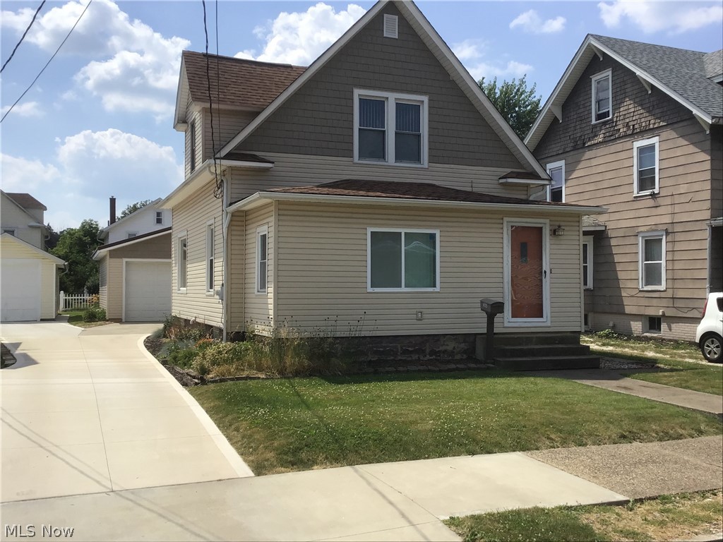 This Clean, 1 1/2 Story, 3 bedroom, full bath, vinyl sided home, having kitchen with range, built-in dishwasher and microwave, updated replacement windows with vertical blinds, full basement with glass block windows, FA gas furnace, central AC, and gas water heater, dimensional shingled roof, an oversized (25’x25') detached garage with electric and opener. A clean older home in good condition, update to your liking. Come bid your judgement.