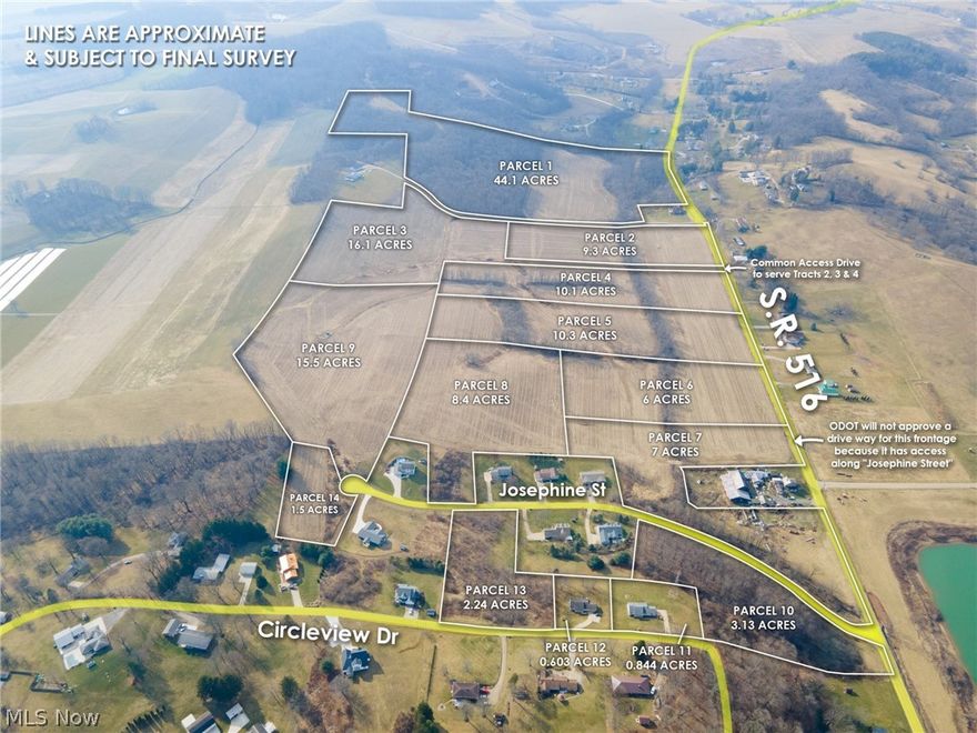 ONSITE AUCTION: April 24, 2024 @ 6:00; Parcel 1- 44.1 Acres. Discover an exceptional opportunity with this captivating 135-acre farm auction featuring two charming homes, divided into 14 parcels. Embracing a rolling terrain, this property boasts prime positioning along three roads: State Route 516, Josephine Street, and Circleview Drive. Ranging from 1.5 to 44.1 acres, the available vacant lots cater to various budgets, ensuring accessibility for all. Nestled along Circleview Drive are two well maintained 3-bedroom, 2-bathroom ranch homes, each boasting 1,232 ft² of living space and a two-car garage. This offers a great opportunity for first-time homebuyers. Strategically located just one mile from Dover and Interstate 77, this farm presents an enticing commercial opportunity, with extensive frontage along State Route 516. Additionally, the 44-acre parcel on the western end is ideal for recreational or hunting enthusiasts, featuring a harmonious blend of wooded and open areas. For those dreaming of building their own custom home, the possibilities abound. Select your preferred parcel and bring your plans to life in the serene countryside, all while having the convenience of Dover's proximity. With its peaceful rural setting and breathtaking views, this property caters to a diverse range of buyers, offering a parcel to suit every preference and lifestyle.