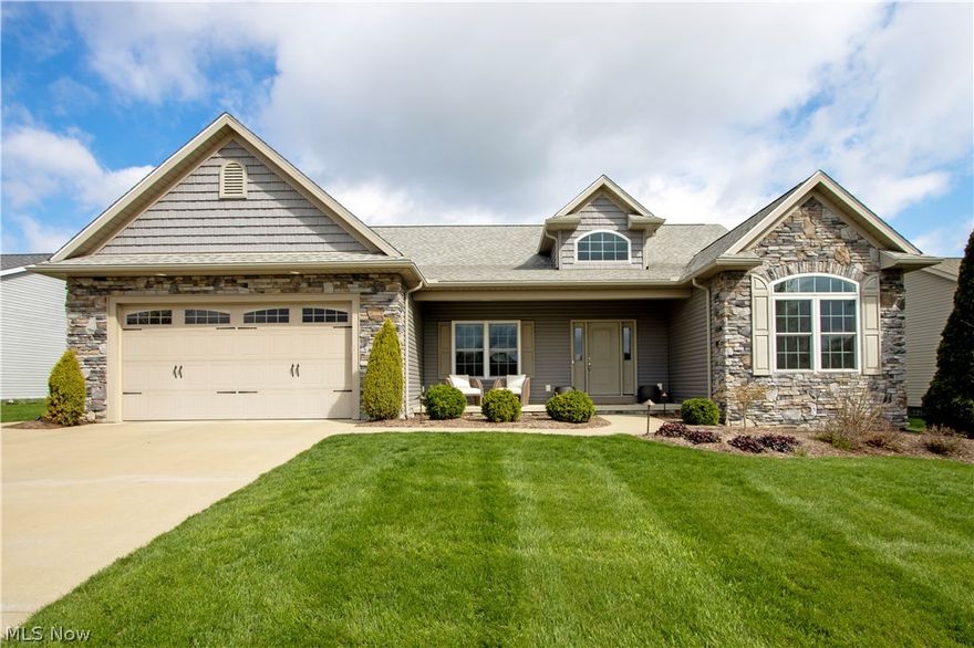 Welcome home to this beautifully designed 3 bedroom ranch offering comfort, style, and effortless living.  From the moment you step into the elegant foyer, you'll be greeted by high ceilings and an inviting open floor plan that seamlessly connects the main living spaces.  The spacious great room offers plenty of natural sunlight and a cozy gas fireplace serving as a welcoming focal point.  The well-equipped kitchen with ample cabinetry and functionality, granite counters, stainless steel appliances, and spacious island with seating is a natural gathering spot at the heart of the home flowing naturally into the living and dining areas for a modern connected feel. A versatile formal dining room can easily serve as a home office or flex space to suit your lifestyle. Retreat to the primary suite, complete with a 14 x 7 walk-in closet and a newly renovated master bath showcasing updated finishes and a fresh, contemporary design. Just as impressive, outside you will find a stamped concrete patio with an outdoor gas fireplace, perfect for relaxing evenings or entertaining guests. Full basement with pour walls allows you to expand your living space. This home was custom built by Zollinger Builders and was highlighted in the 2016 Parade of Homes.