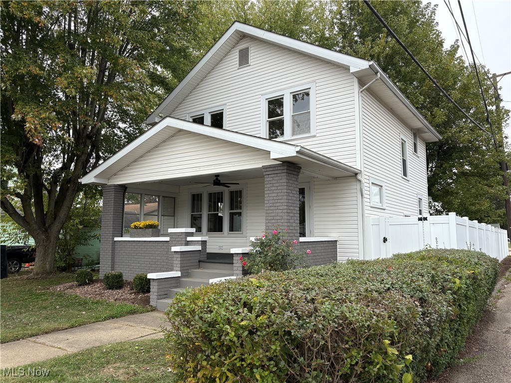 Beautifully updated 3 bedroom vinyl sided home.  Inviting covered front porch with ceiling fan.  Original woodwork throughout.  Freshly painted with new floor coverings and new light fixtures throughout.  New white cabinets, counters and stainless steel sink in kitchen with new stainless steel gas range. Kitchen opens to a breakfast nook.  Large built in cabinet in the 2nd floor hallway with updated full bath.  Private, vinyl fence enclosed backyard with patio.  2 car detached garage.  Move in ready, offering immediate possession.  Agent owned.